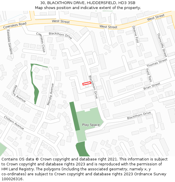 30, BLACKTHORN DRIVE, HUDDERSFIELD, HD3 3SB: Location map and indicative extent of plot