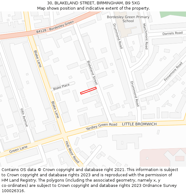 30, BLAKELAND STREET, BIRMINGHAM, B9 5XG: Location map and indicative extent of plot