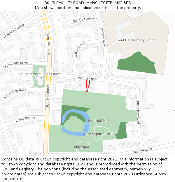 30, BLEAK HEY ROAD, MANCHESTER, M22 5ES: Location map and indicative extent of plot