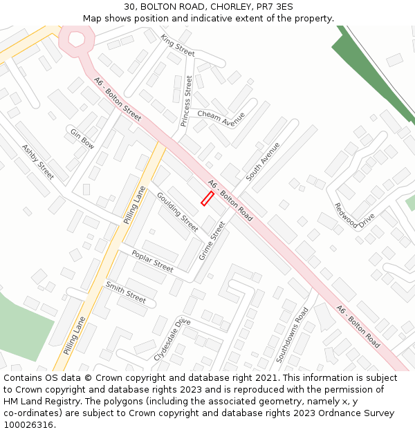 30, BOLTON ROAD, CHORLEY, PR7 3ES: Location map and indicative extent of plot