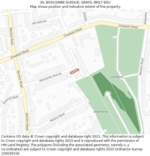 30, BOSCOMBE AVENUE, GRAYS, RM17 6DU: Location map and indicative extent of plot