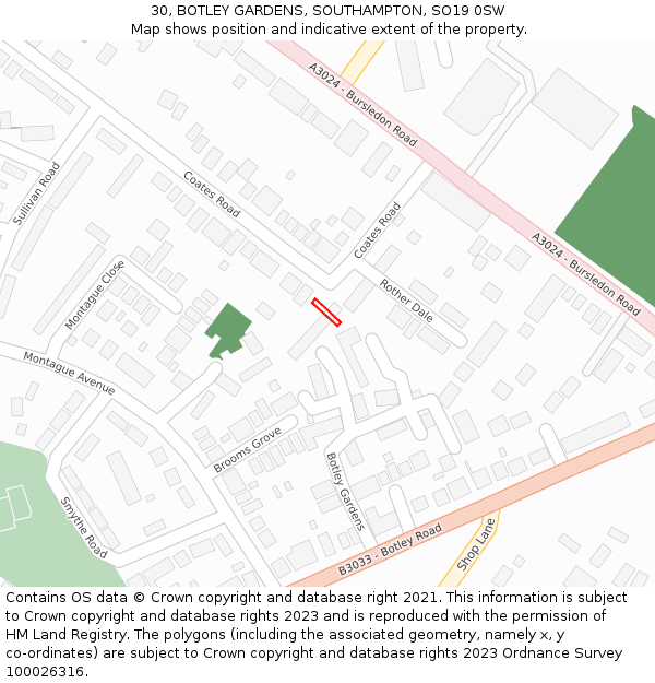 30, BOTLEY GARDENS, SOUTHAMPTON, SO19 0SW: Location map and indicative extent of plot