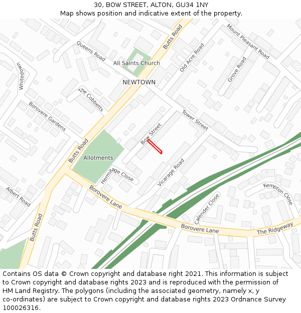 30, BOW STREET, ALTON, GU34 1NY: Location map and indicative extent of plot
