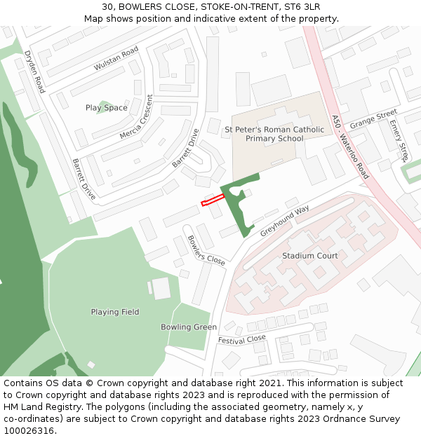 30, BOWLERS CLOSE, STOKE-ON-TRENT, ST6 3LR: Location map and indicative extent of plot