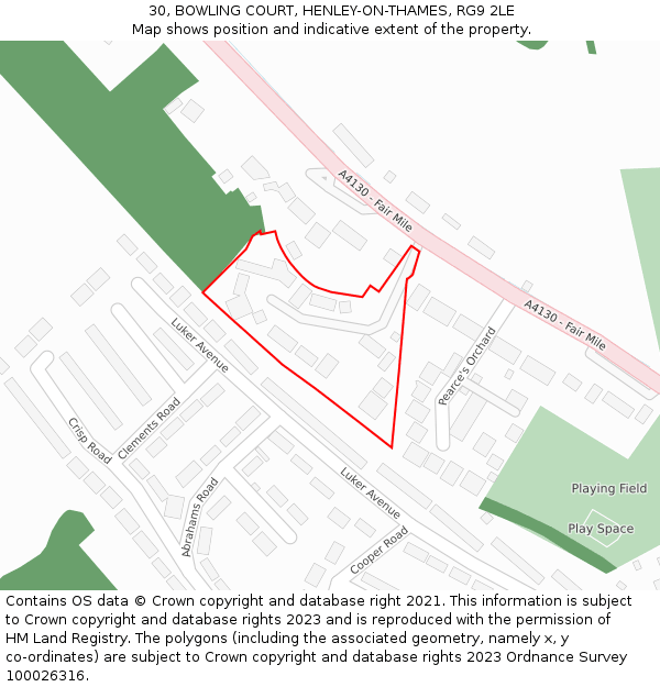 30, BOWLING COURT, HENLEY-ON-THAMES, RG9 2LE: Location map and indicative extent of plot