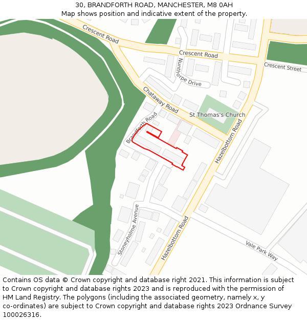 30, BRANDFORTH ROAD, MANCHESTER, M8 0AH: Location map and indicative extent of plot