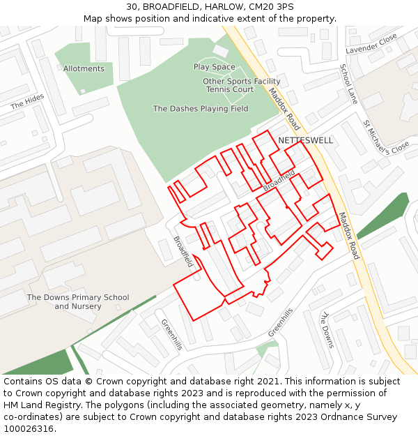30, BROADFIELD, HARLOW, CM20 3PS: Location map and indicative extent of plot
