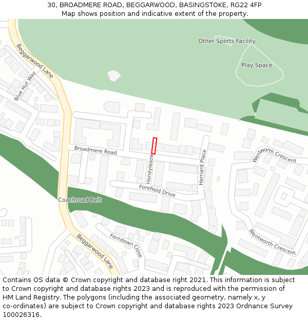 30, BROADMERE ROAD, BEGGARWOOD, BASINGSTOKE, RG22 4FP: Location map and indicative extent of plot