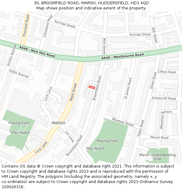 30, BROOMFIELD ROAD, MARSH, HUDDERSFIELD, HD1 4QD: Location map and indicative extent of plot