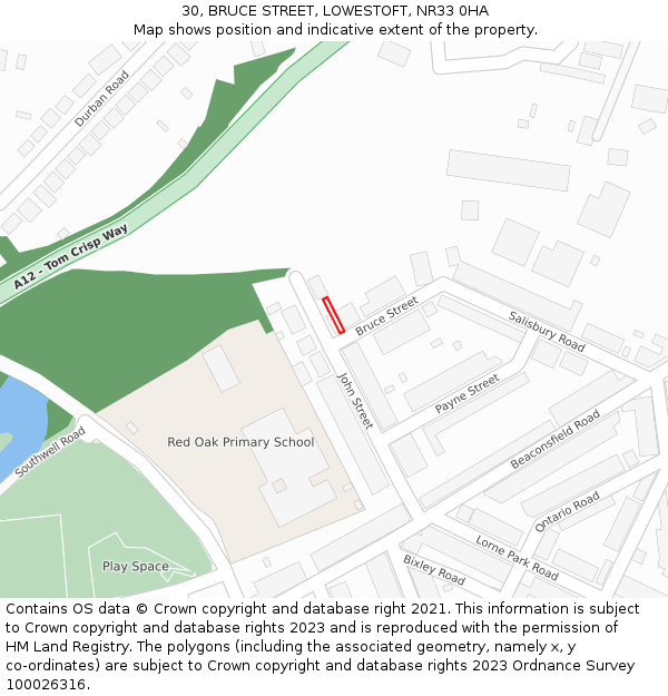 30, BRUCE STREET, LOWESTOFT, NR33 0HA: Location map and indicative extent of plot
