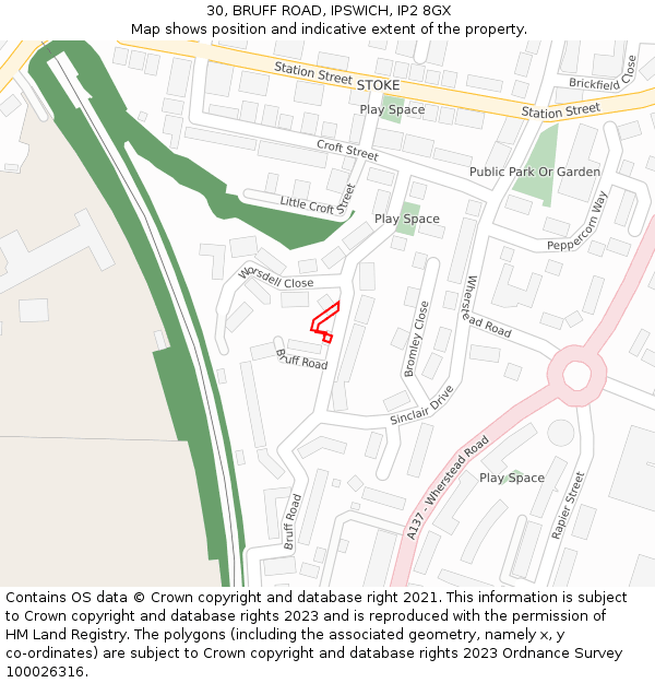 30, BRUFF ROAD, IPSWICH, IP2 8GX: Location map and indicative extent of plot