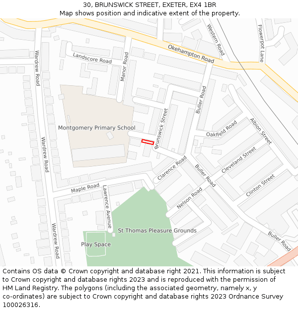 30, BRUNSWICK STREET, EXETER, EX4 1BR: Location map and indicative extent of plot