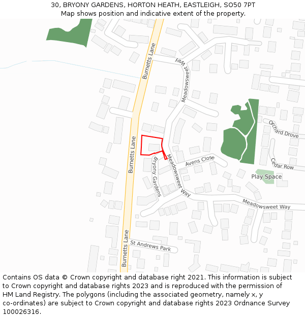 30, BRYONY GARDENS, HORTON HEATH, EASTLEIGH, SO50 7PT: Location map and indicative extent of plot