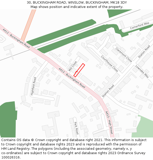 30, BUCKINGHAM ROAD, WINSLOW, BUCKINGHAM, MK18 3DY: Location map and indicative extent of plot