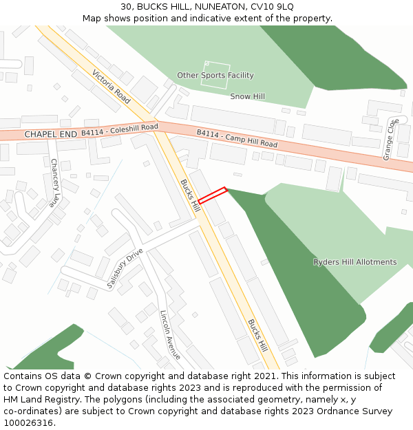 30, BUCKS HILL, NUNEATON, CV10 9LQ: Location map and indicative extent of plot