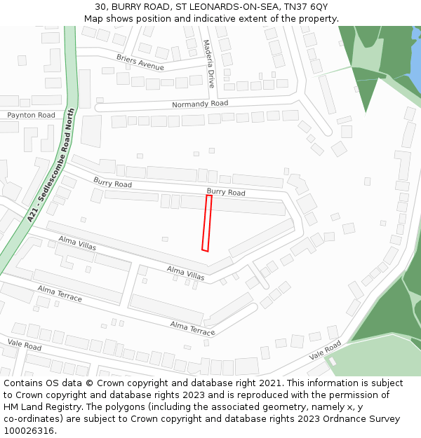 30, BURRY ROAD, ST LEONARDS-ON-SEA, TN37 6QY: Location map and indicative extent of plot