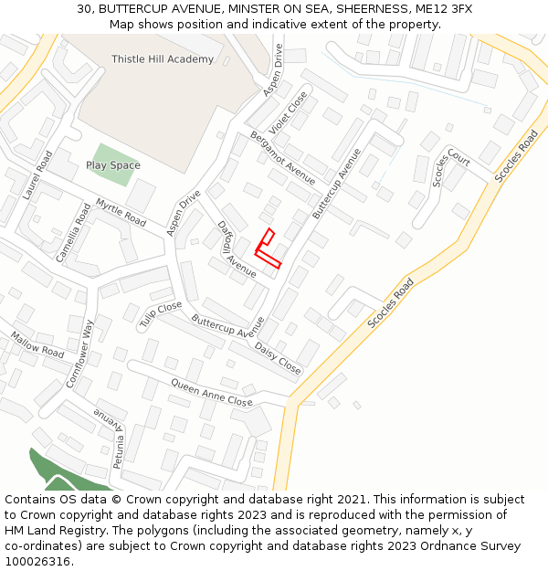 30, BUTTERCUP AVENUE, MINSTER ON SEA, SHEERNESS, ME12 3FX: Location map and indicative extent of plot