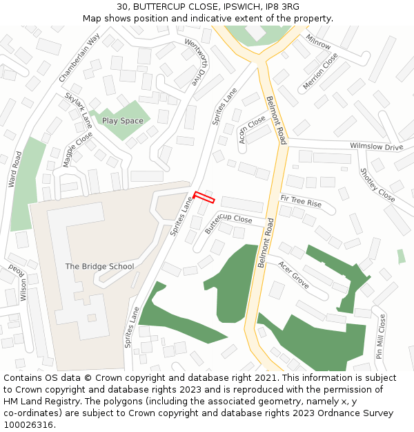 30, BUTTERCUP CLOSE, IPSWICH, IP8 3RG: Location map and indicative extent of plot