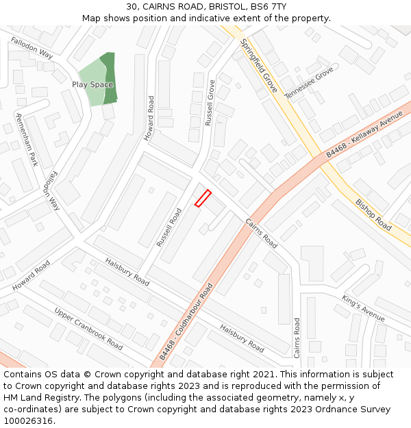 30, CAIRNS ROAD, BRISTOL, BS6 7TY: Location map and indicative extent of plot