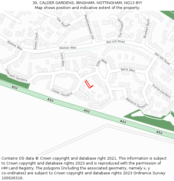 30, CALDER GARDENS, BINGHAM, NOTTINGHAM, NG13 8YY: Location map and indicative extent of plot