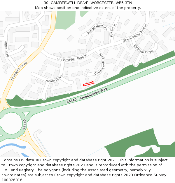 30, CAMBERWELL DRIVE, WORCESTER, WR5 3TN: Location map and indicative extent of plot