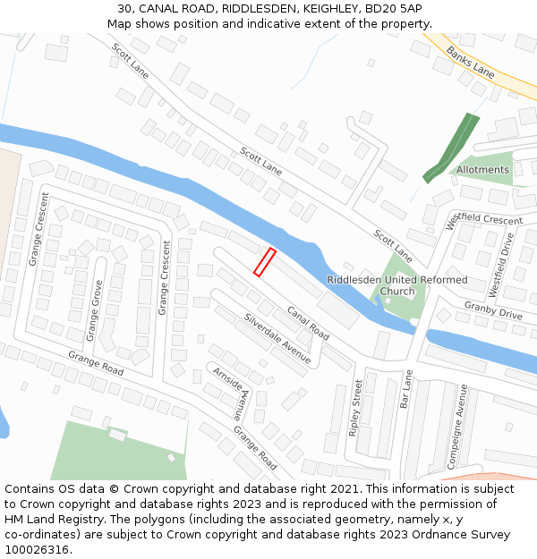30, CANAL ROAD, RIDDLESDEN, KEIGHLEY, BD20 5AP: Location map and indicative extent of plot
