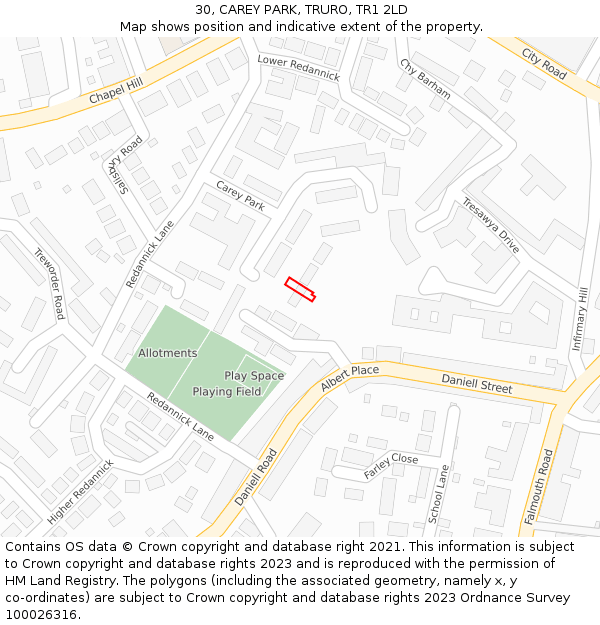 30, CAREY PARK, TRURO, TR1 2LD: Location map and indicative extent of plot