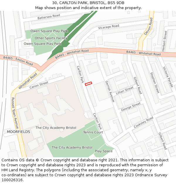 30, CARLTON PARK, BRISTOL, BS5 9DB: Location map and indicative extent of plot