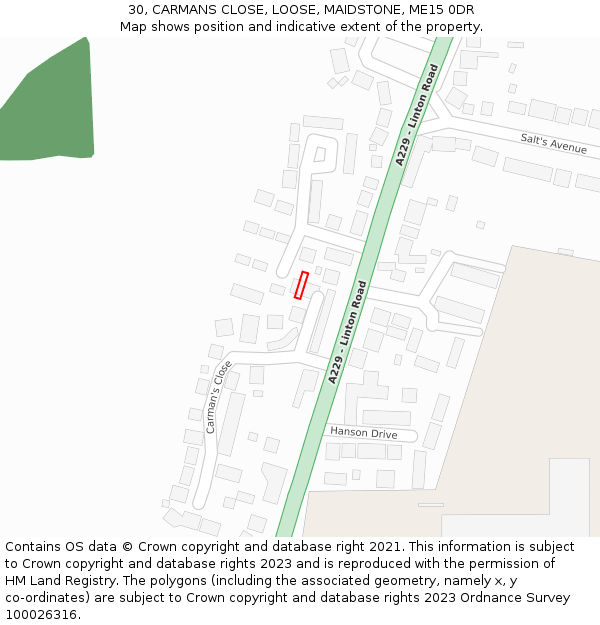 30, CARMANS CLOSE, LOOSE, MAIDSTONE, ME15 0DR: Location map and indicative extent of plot