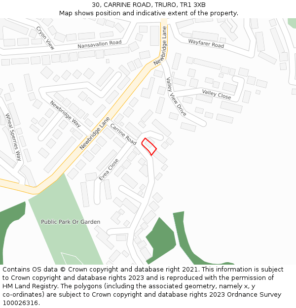 30, CARRINE ROAD, TRURO, TR1 3XB: Location map and indicative extent of plot