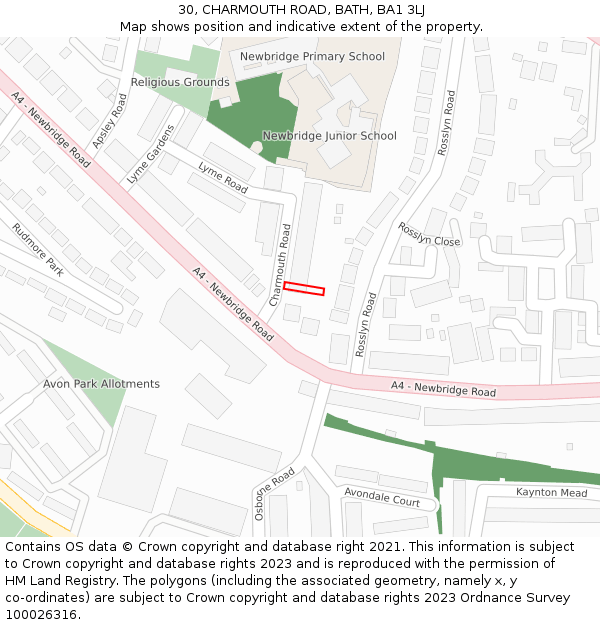 30, CHARMOUTH ROAD, BATH, BA1 3LJ: Location map and indicative extent of plot