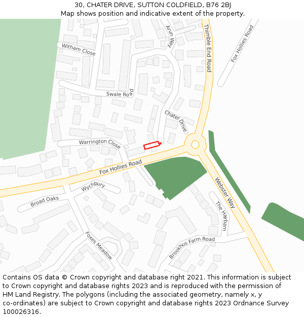 30, CHATER DRIVE, SUTTON COLDFIELD, B76 2BJ: Location map and indicative extent of plot