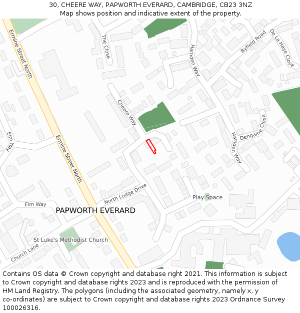 30, CHEERE WAY, PAPWORTH EVERARD, CAMBRIDGE, CB23 3NZ: Location map and indicative extent of plot