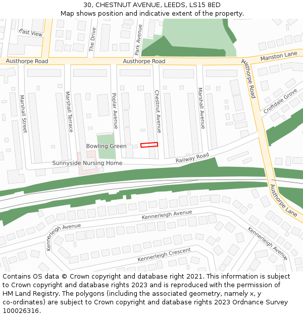 30, CHESTNUT AVENUE, LEEDS, LS15 8ED: Location map and indicative extent of plot