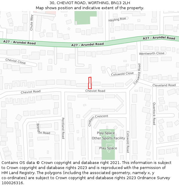 30, CHEVIOT ROAD, WORTHING, BN13 2LH: Location map and indicative extent of plot