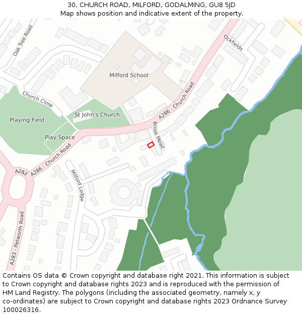 30, CHURCH ROAD, MILFORD, GODALMING, GU8 5JD: Location map and indicative extent of plot