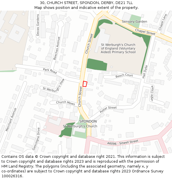 30, CHURCH STREET, SPONDON, DERBY, DE21 7LL: Location map and indicative extent of plot