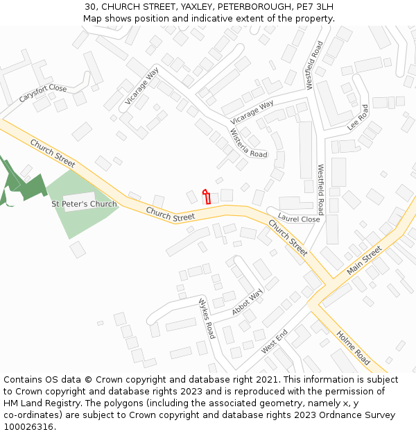 30, CHURCH STREET, YAXLEY, PETERBOROUGH, PE7 3LH: Location map and indicative extent of plot
