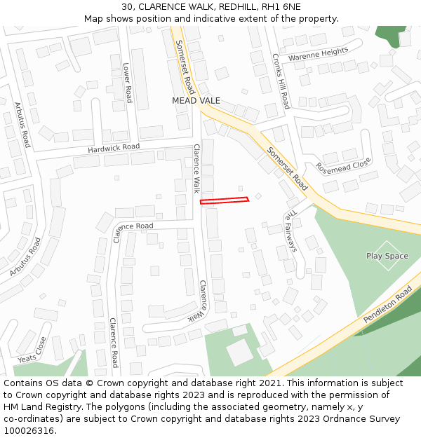 30, CLARENCE WALK, REDHILL, RH1 6NE: Location map and indicative extent of plot
