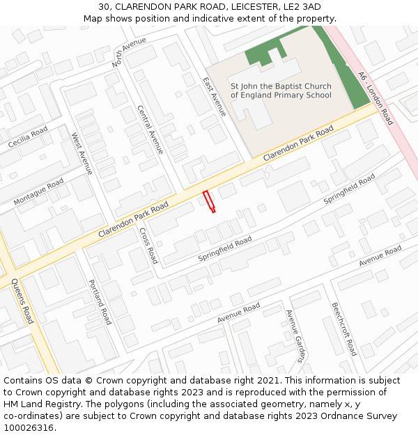 30, CLARENDON PARK ROAD, LEICESTER, LE2 3AD: Location map and indicative extent of plot