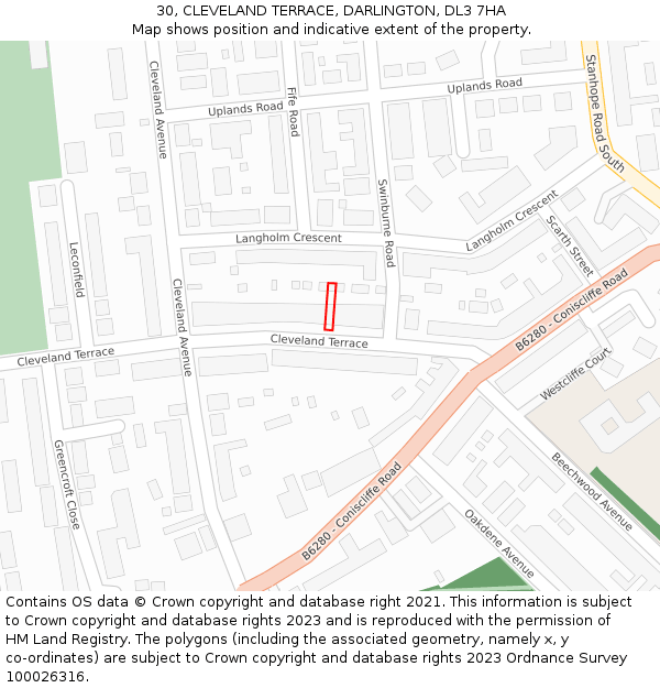 30, CLEVELAND TERRACE, DARLINGTON, DL3 7HA: Location map and indicative extent of plot