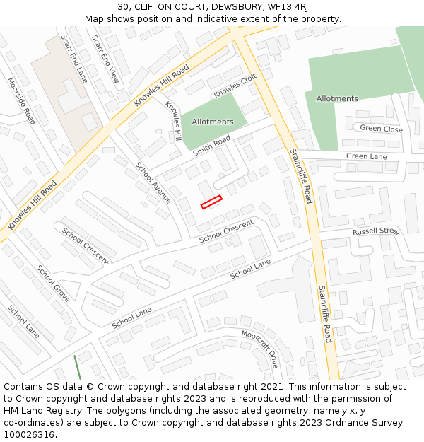 30, CLIFTON COURT, DEWSBURY, WF13 4RJ: Location map and indicative extent of plot