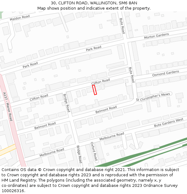 30, CLIFTON ROAD, WALLINGTON, SM6 8AN: Location map and indicative extent of plot