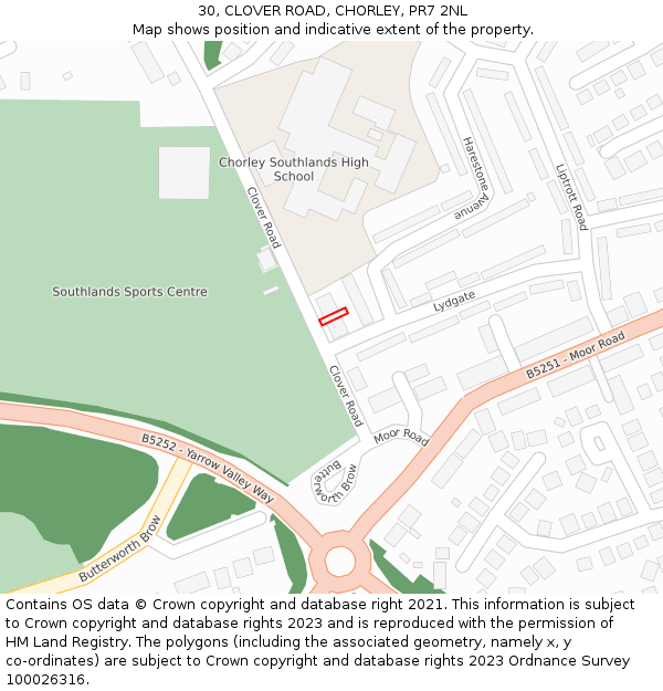 30, CLOVER ROAD, CHORLEY, PR7 2NL: Location map and indicative extent of plot