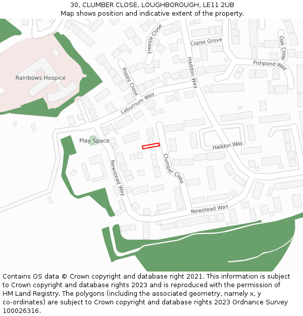 30, CLUMBER CLOSE, LOUGHBOROUGH, LE11 2UB: Location map and indicative extent of plot