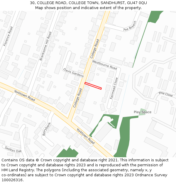 30, COLLEGE ROAD, COLLEGE TOWN, SANDHURST, GU47 0QU: Location map and indicative extent of plot