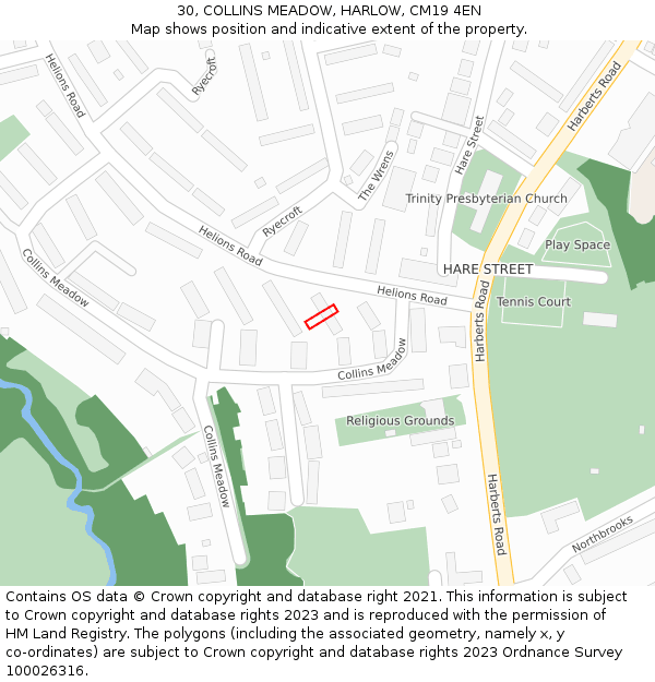 30, COLLINS MEADOW, HARLOW, CM19 4EN: Location map and indicative extent of plot