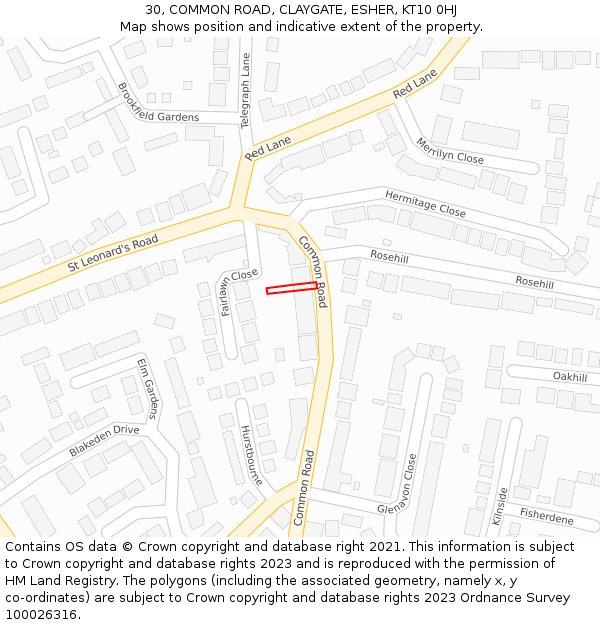 30, COMMON ROAD, CLAYGATE, ESHER, KT10 0HJ: Location map and indicative extent of plot