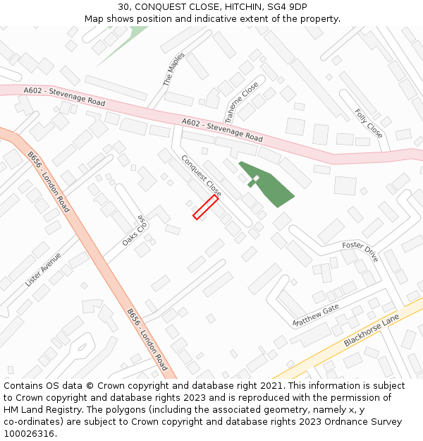 30, CONQUEST CLOSE, HITCHIN, SG4 9DP: Location map and indicative extent of plot