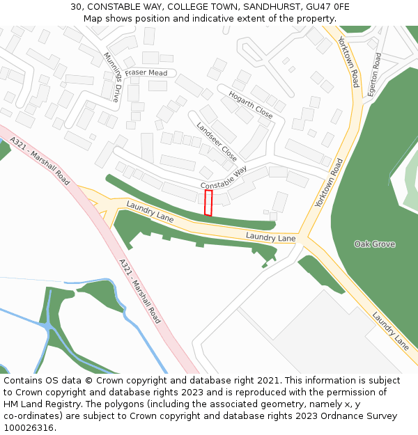 30, CONSTABLE WAY, COLLEGE TOWN, SANDHURST, GU47 0FE: Location map and indicative extent of plot